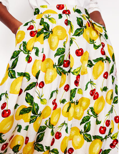 Verity Linen Midi Skirt-Multi, Cherries and Lemons