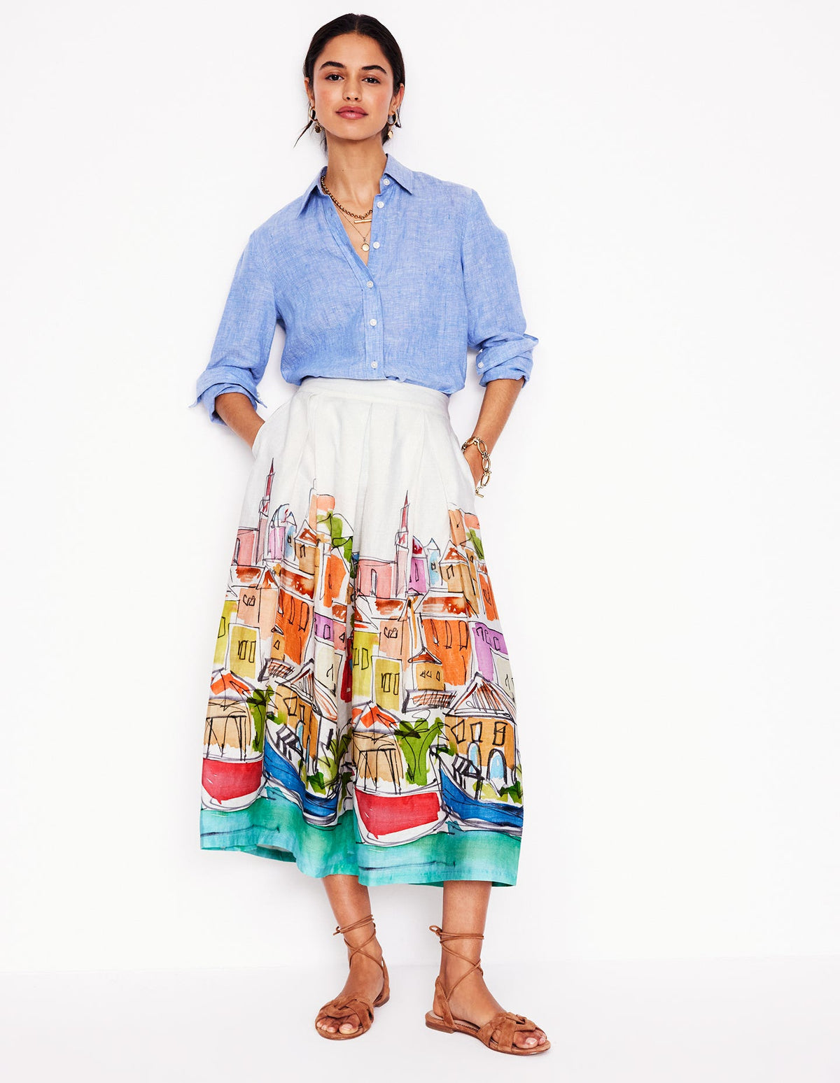 Verity Linen Midi Skirt-Multi, Rainbow Village - Image 1