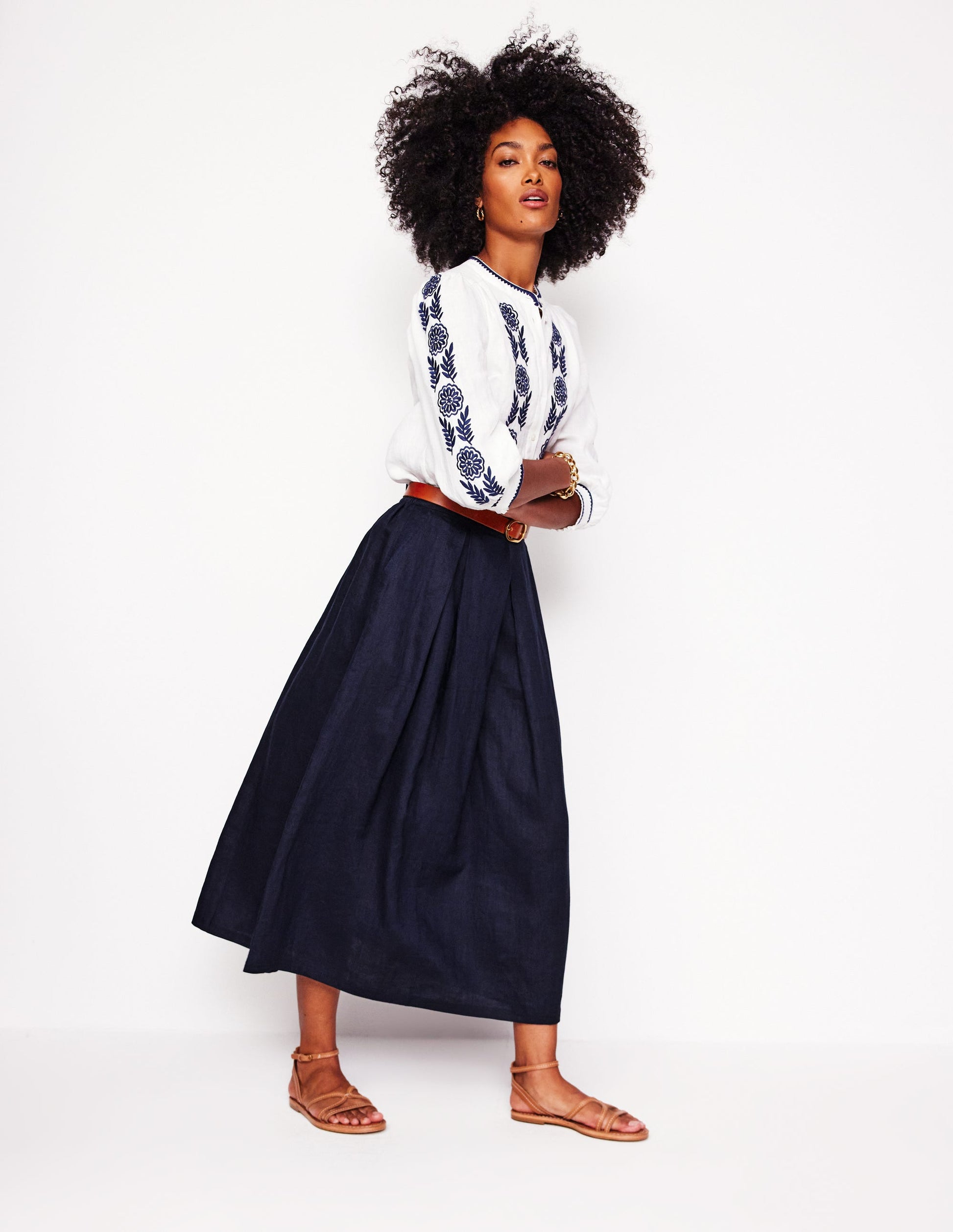 Verity Linen Midi Skirt-Navy Boden USA - Main Image