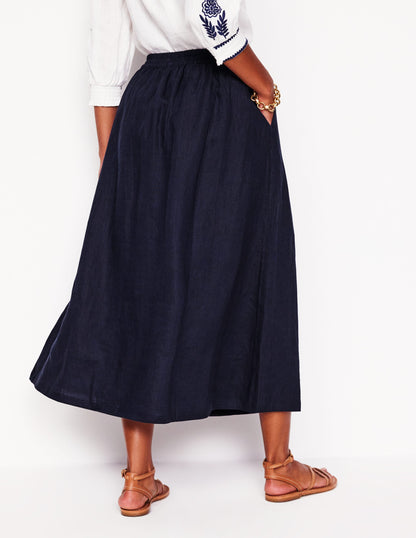 Verity Linen Midi Skirt-Navy