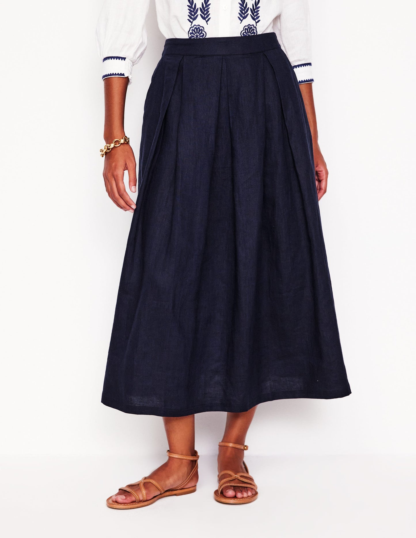 Verity Linen Midi Skirt-Navy