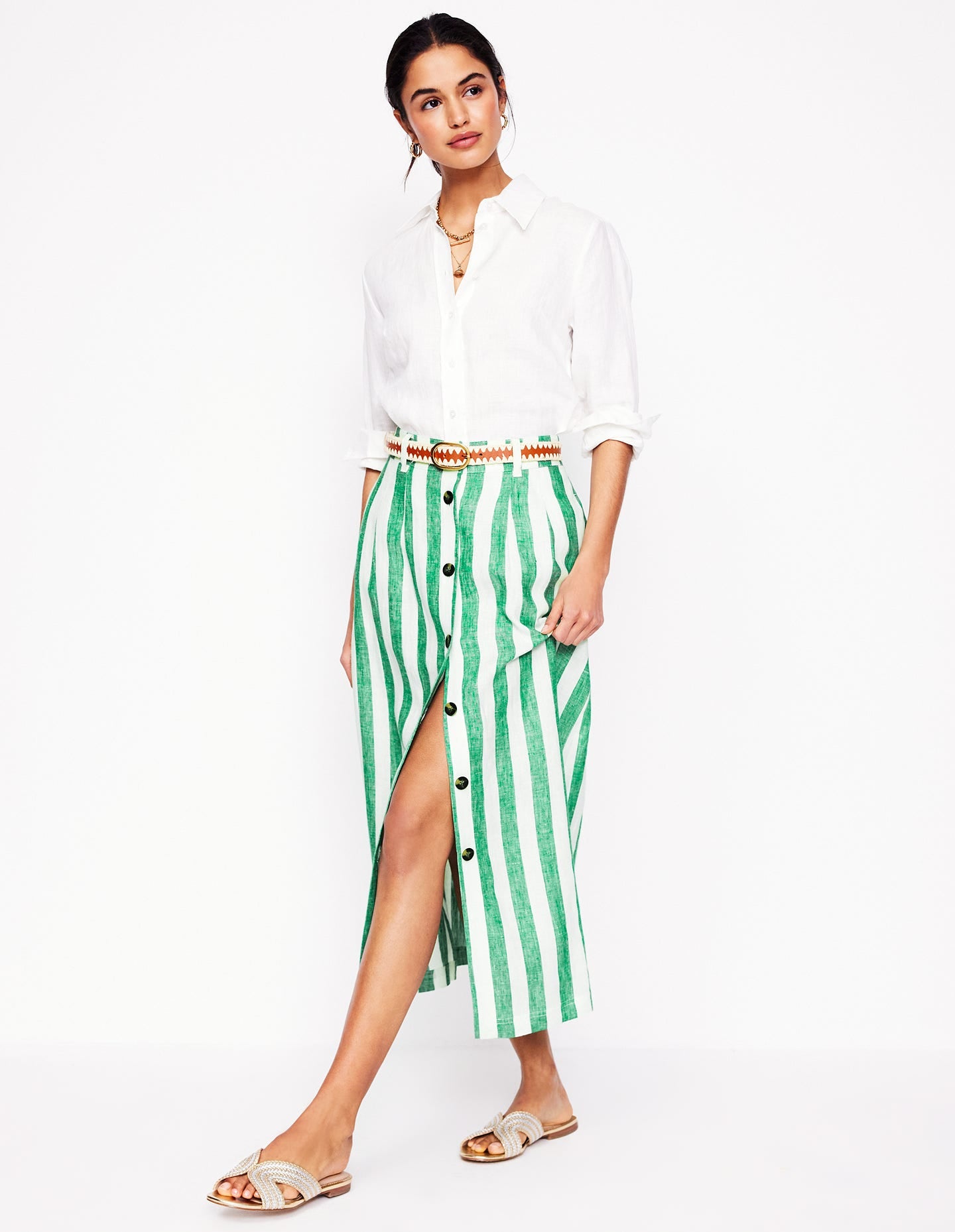 Thomasina Linen Midi Skirt-Rich Emerald Stripe