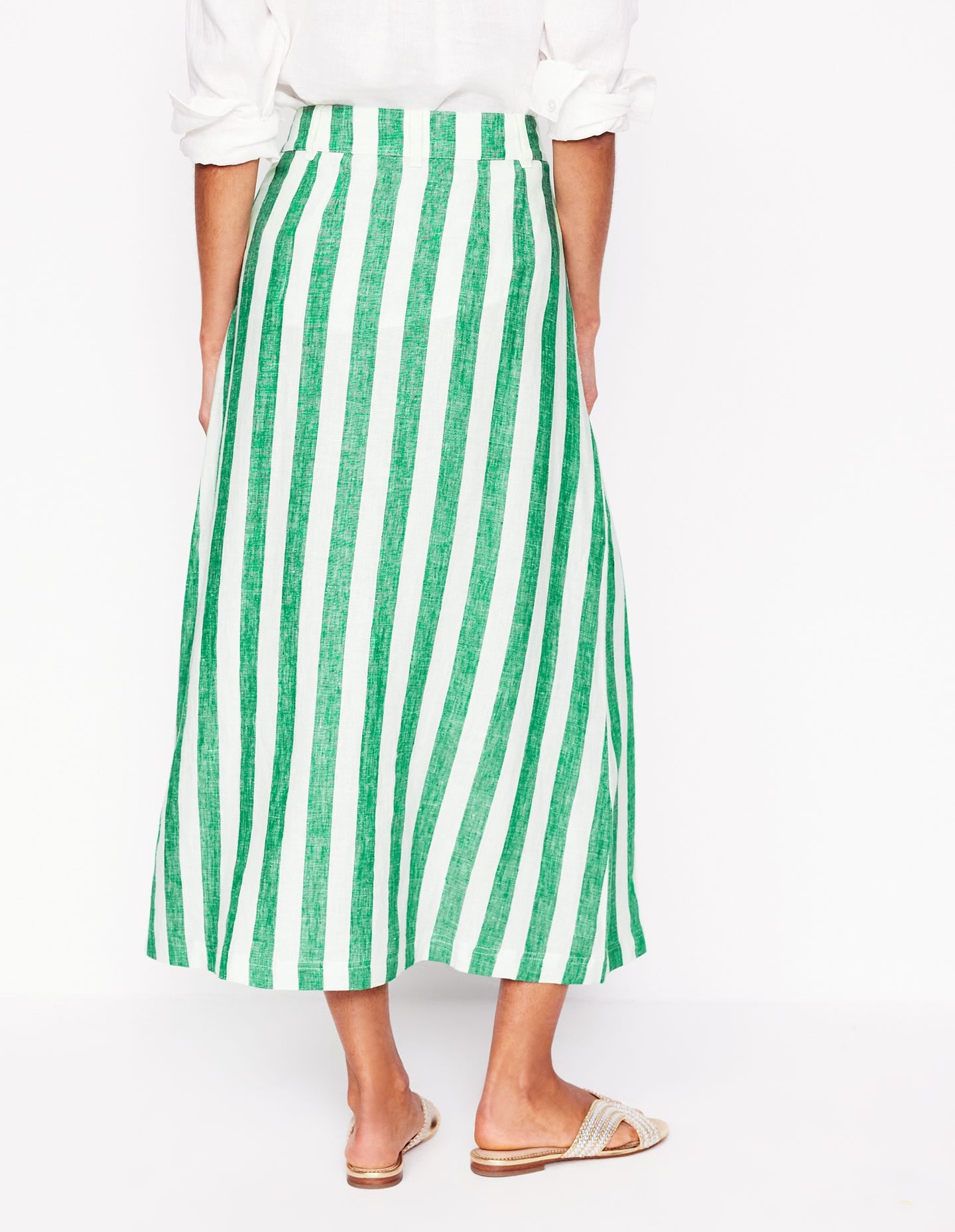 Thomasina Linen Midi Skirt-Rich Emerald Stripe