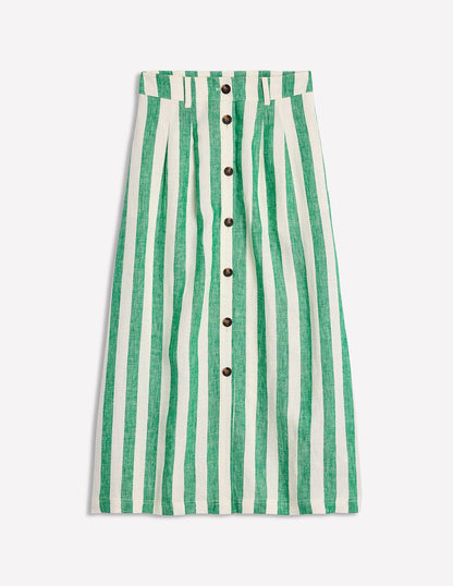 Thomasina Linen Midi Skirt-Rich Emerald Stripe