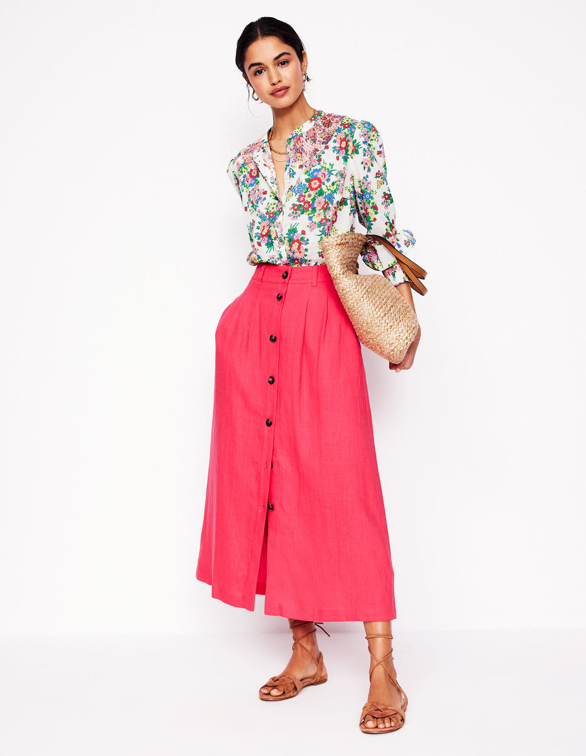 Thomasina Linen Midi Skirt-Camelia Pink - Image 1