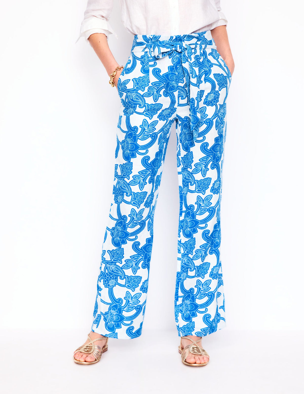 Belted Linen Pants-Cerulean Blue, Paisley Whirl - Image 5