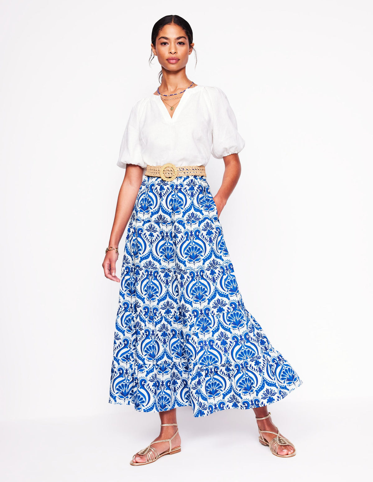 Nadia Poplin Maxi Skirt-Blue, Ornamental Floral - Image 1