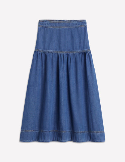 Yoke Detail Denim Midi Skirt-Mid Vintage