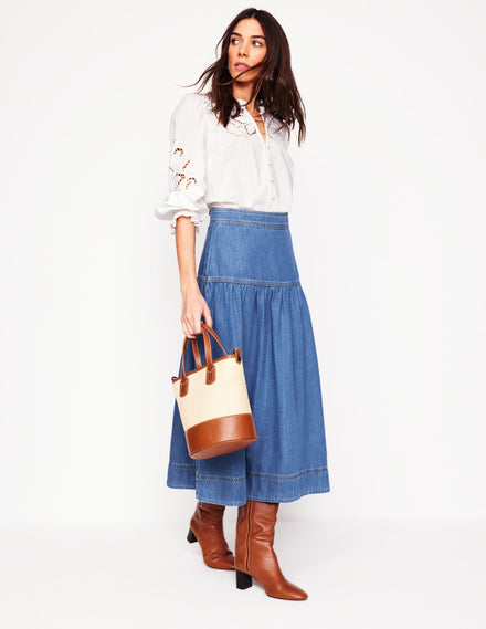 Yoke Detail Denim Midi Skirt-Mid Vintage