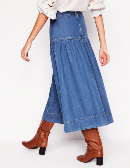 Yoke Detail Denim Midi Skirt-Mid Vintage