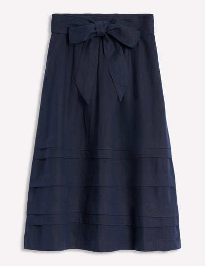 Pintuck Linen Midi Skirt-Navy