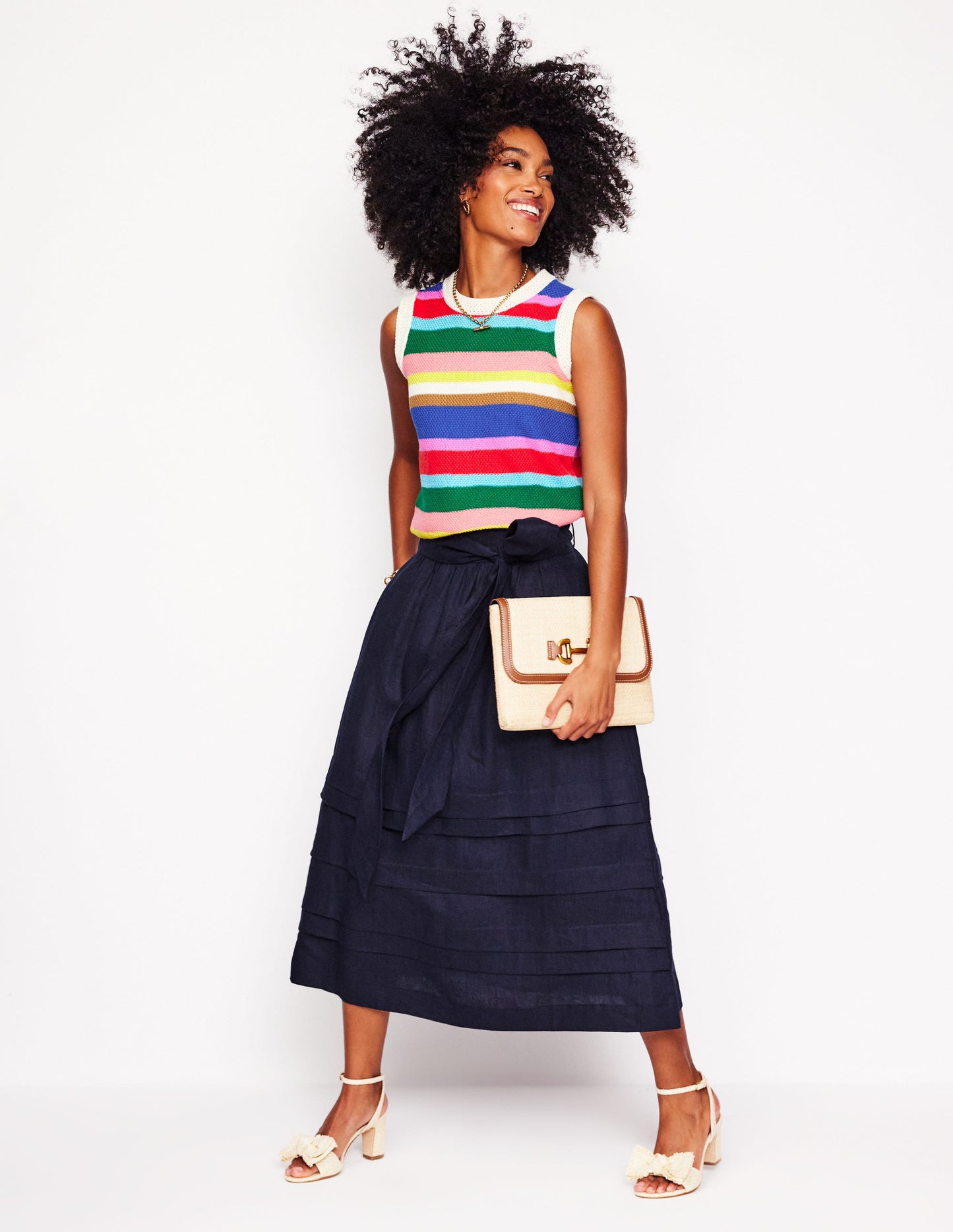 Pintuck Linen Midi Skirt-Navy