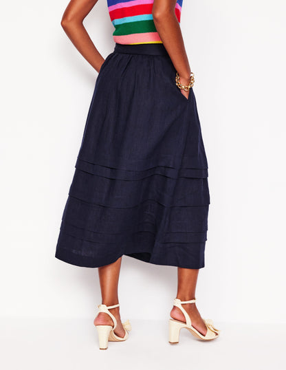 Pintuck Linen Midi Skirt-Navy