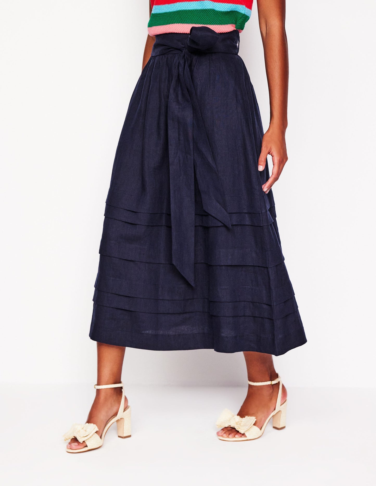 Pintuck Linen Midi Skirt-Navy