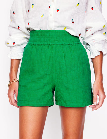 Smocked Double Cloth Shorts-Sapling Green