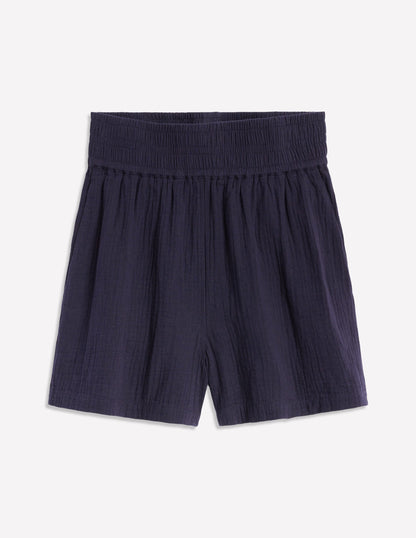 Smocked Double Cloth Shorts-Navy