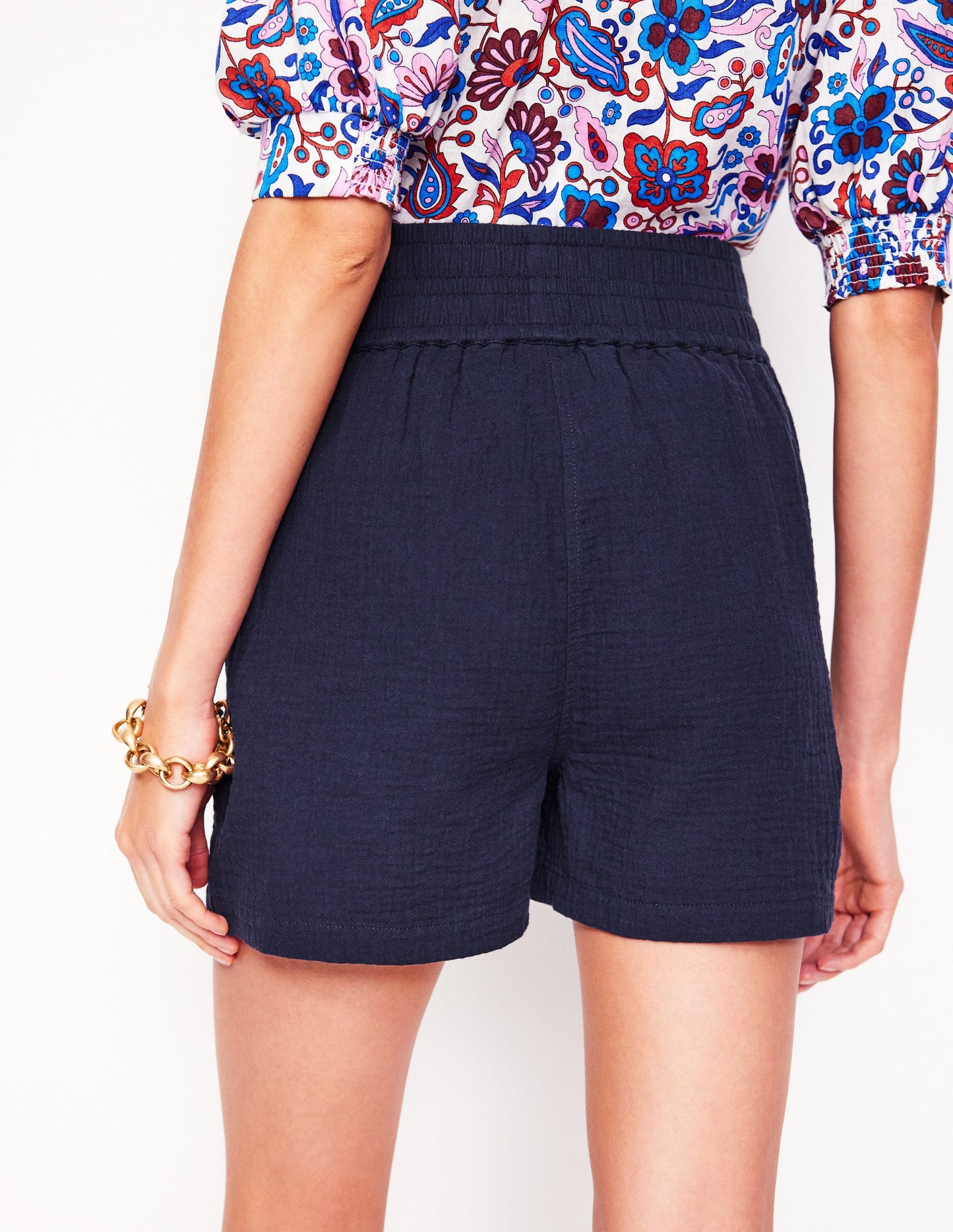 Smocked Double Cloth Shorts-Navy