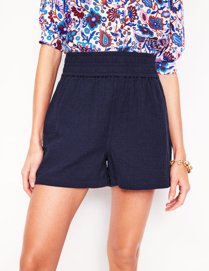 Smocked Double Cloth Shorts-Navy