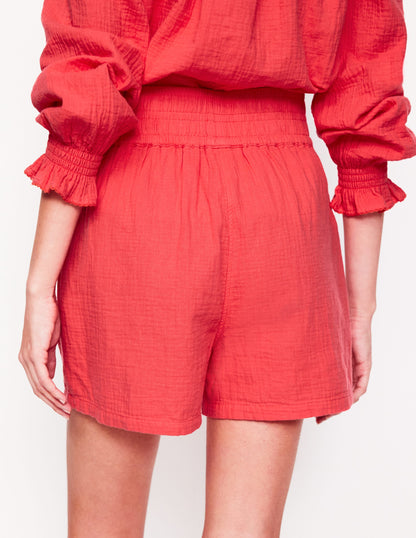 Smocked Double Cloth Shorts-Jam Red