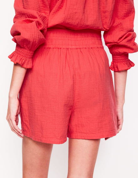 Smocked Double Cloth Shorts-Jam Red