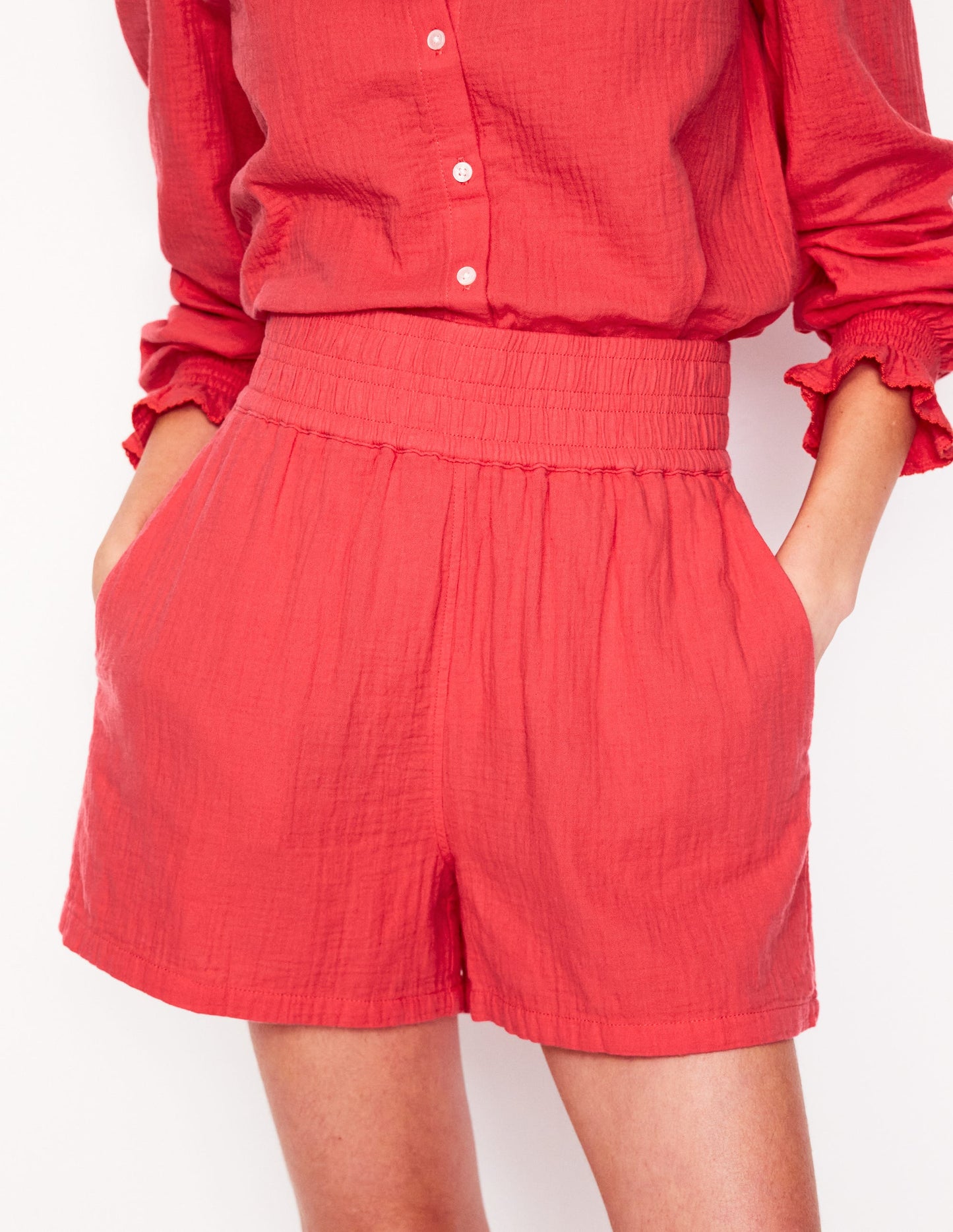 Smocked Double Cloth Shorts-Jam Red