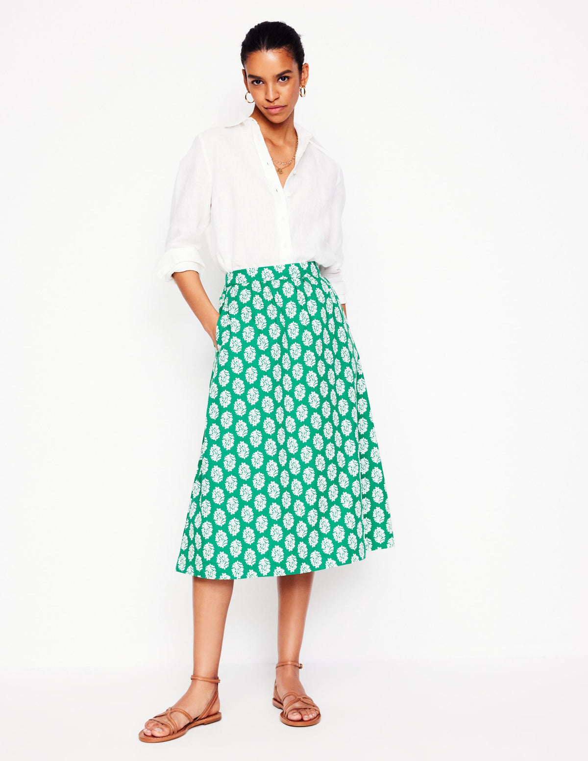 Hattie Poplin Midi Skirt-Rich Emerald, Posy Stamp - Image 1