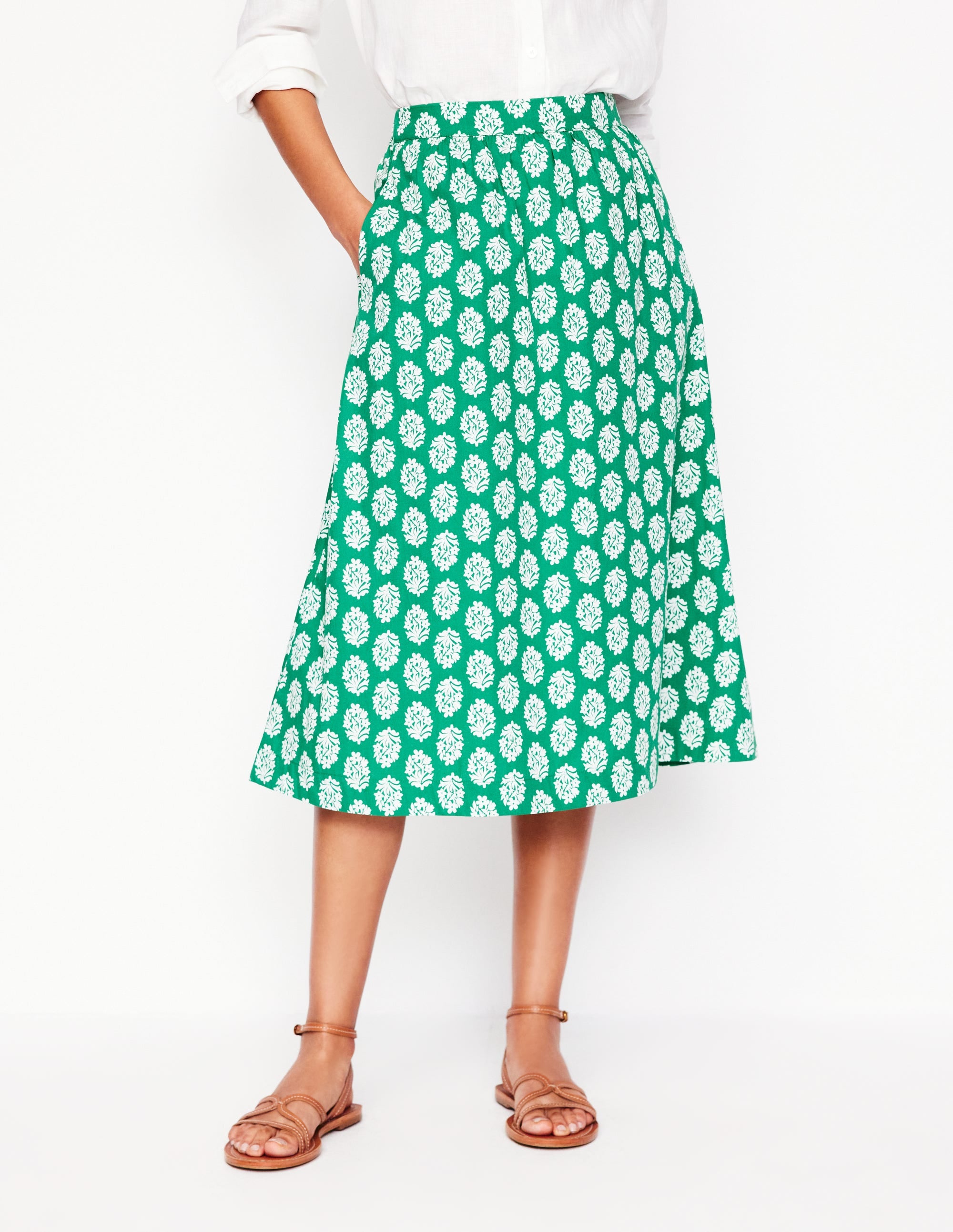 Hattie Poplin Midi Skirt-Rich Emerald, Posy Stamp - Image 4