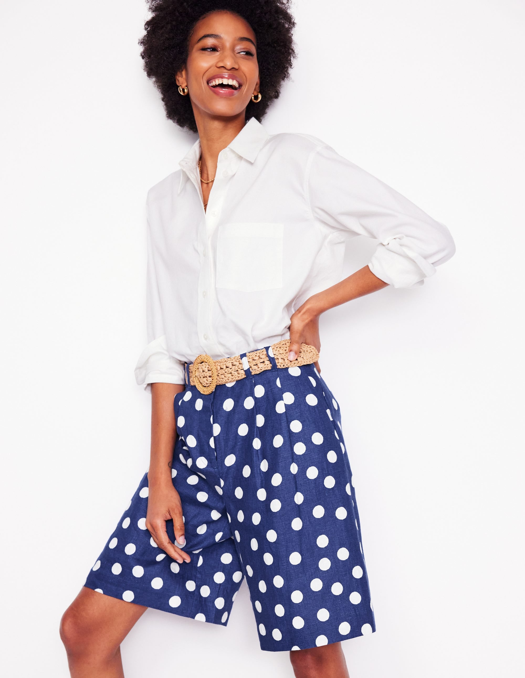 Pleat Linen Wide Leg Shorts-Navy Painted Dot - Image 1
