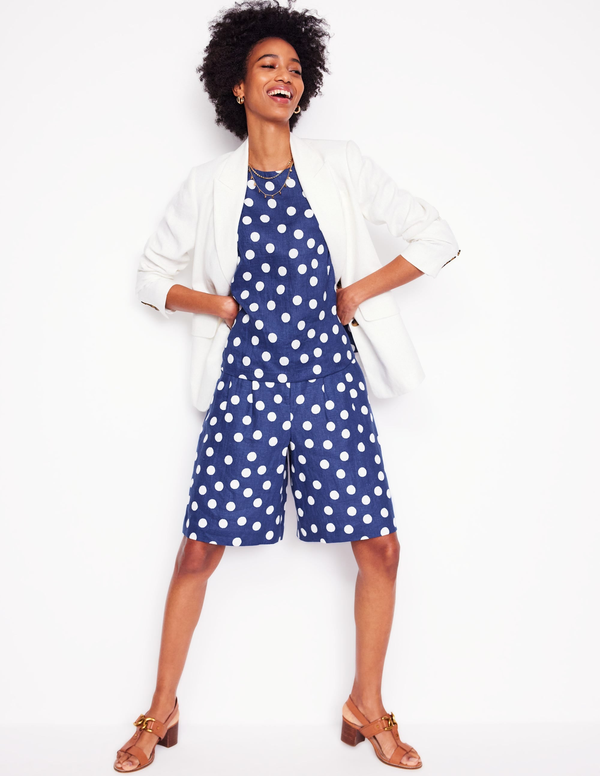 Pleat Linen Wide Leg Shorts-Navy Painted Dot - Image 8