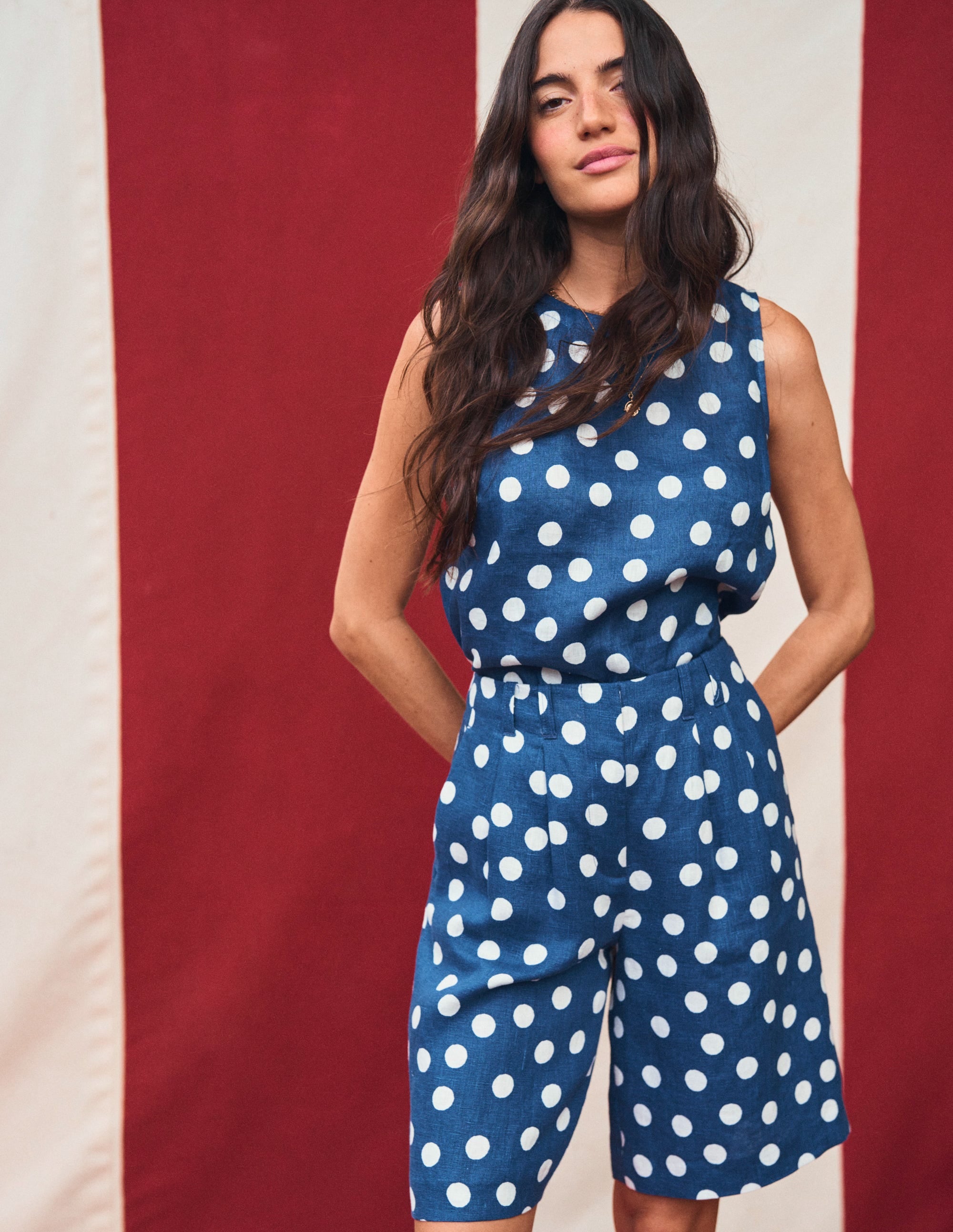 Pleat Linen Wide Leg Shorts-Navy Painted Dot - Image 2