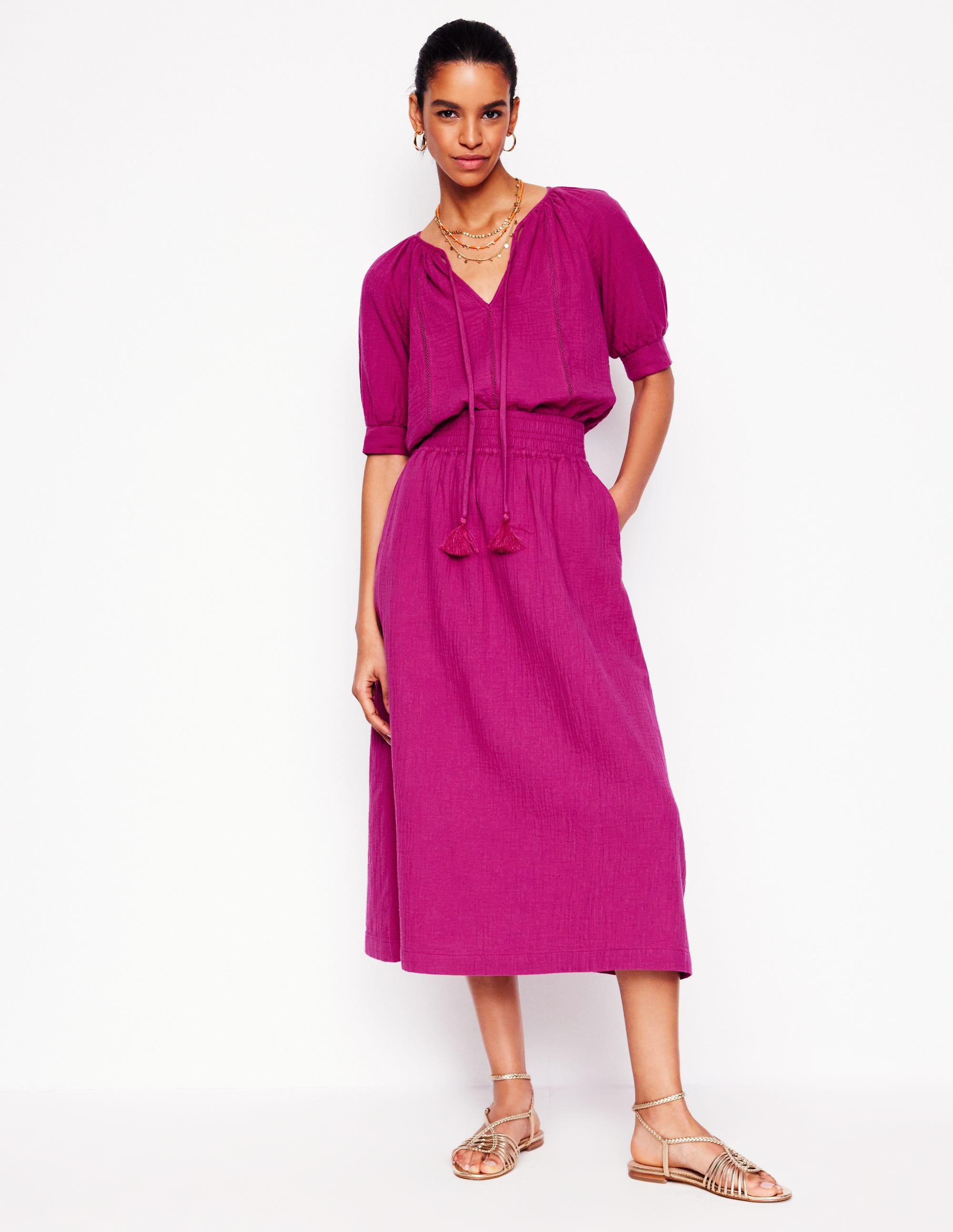 Double Cloth Smocked Skirt-Fuchsia - Image 1