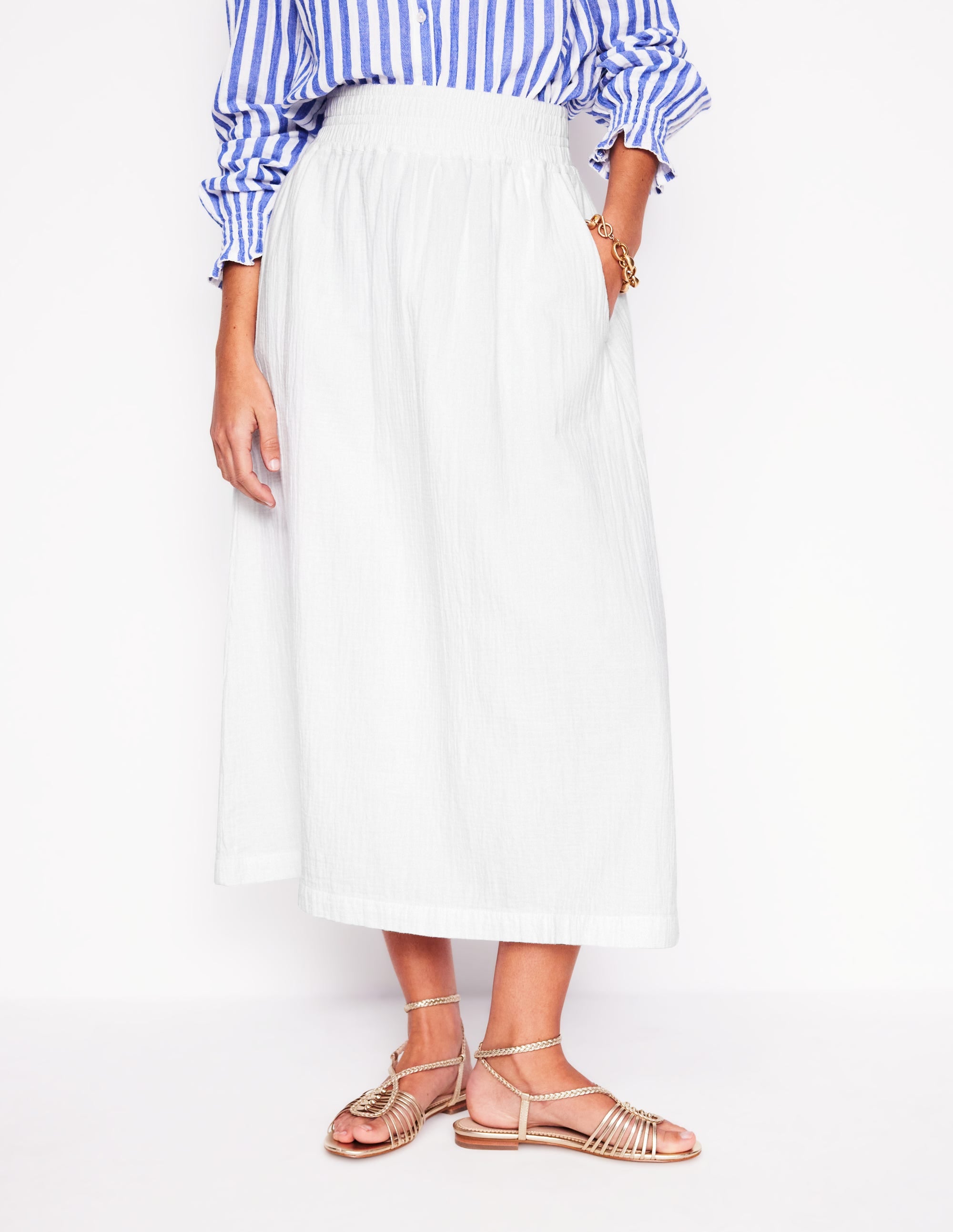 Double Cloth Smocked Skirt-White - Image 4
