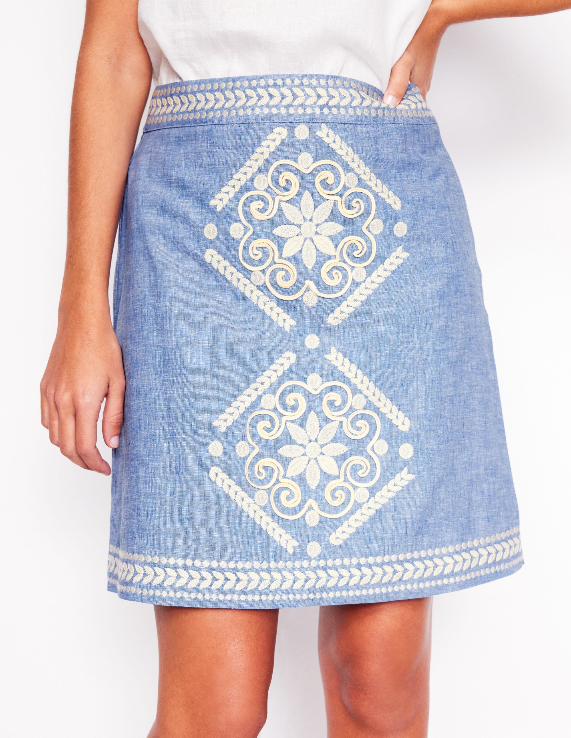 Aline Embroidered Linen Skirt-Grey Blue Chambray - Image 6
