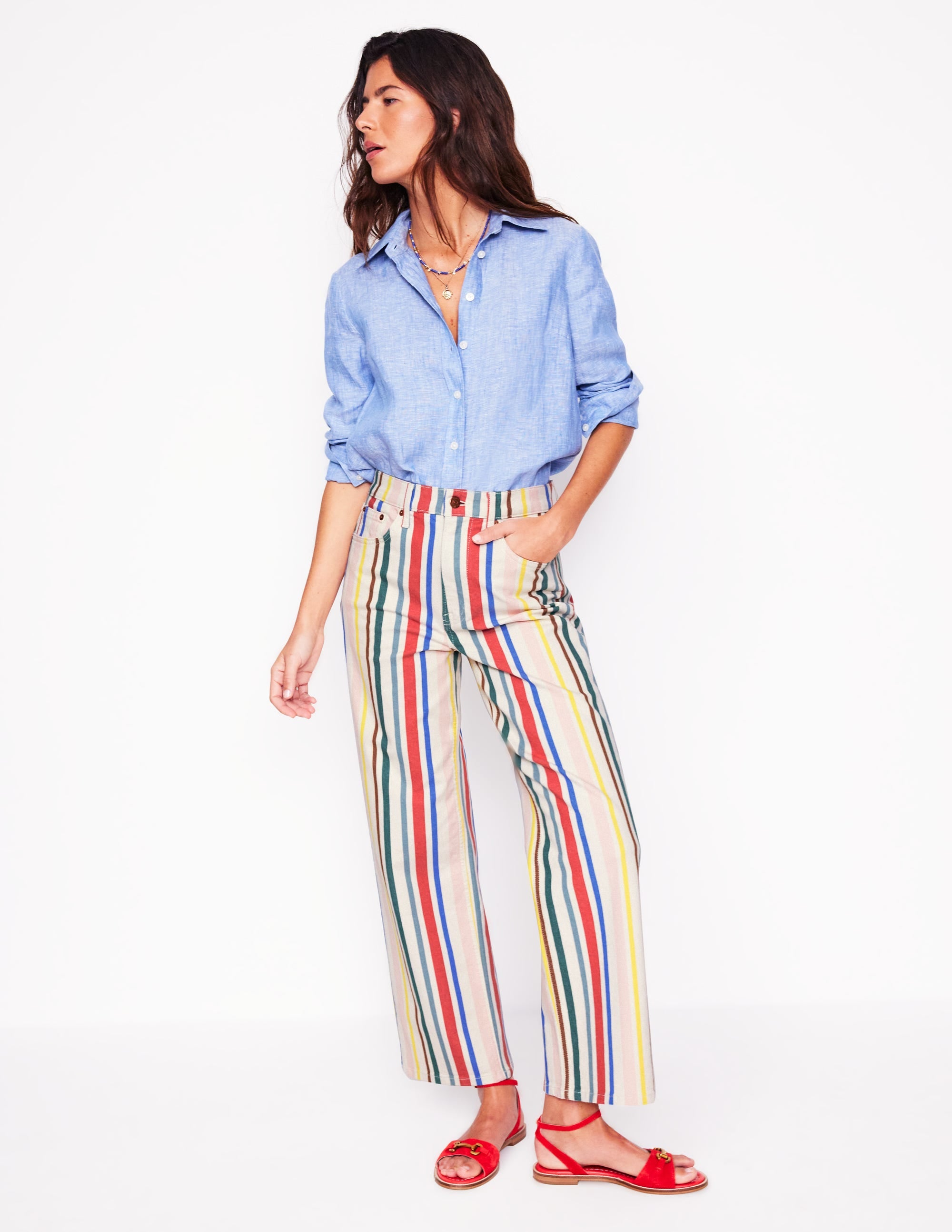 High Rise Stripe Crop Jeans-Green and Pink Rainbow Stripe - Image 1