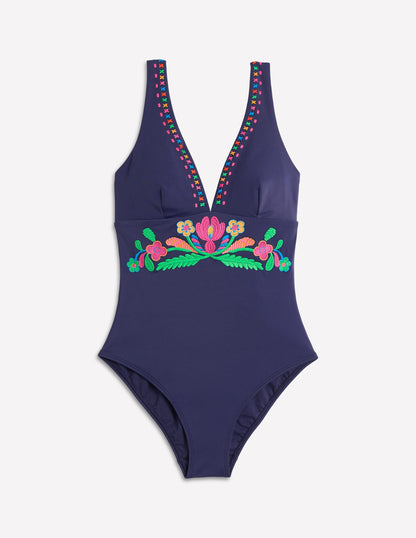 Embroidered Swimsuit-Navy