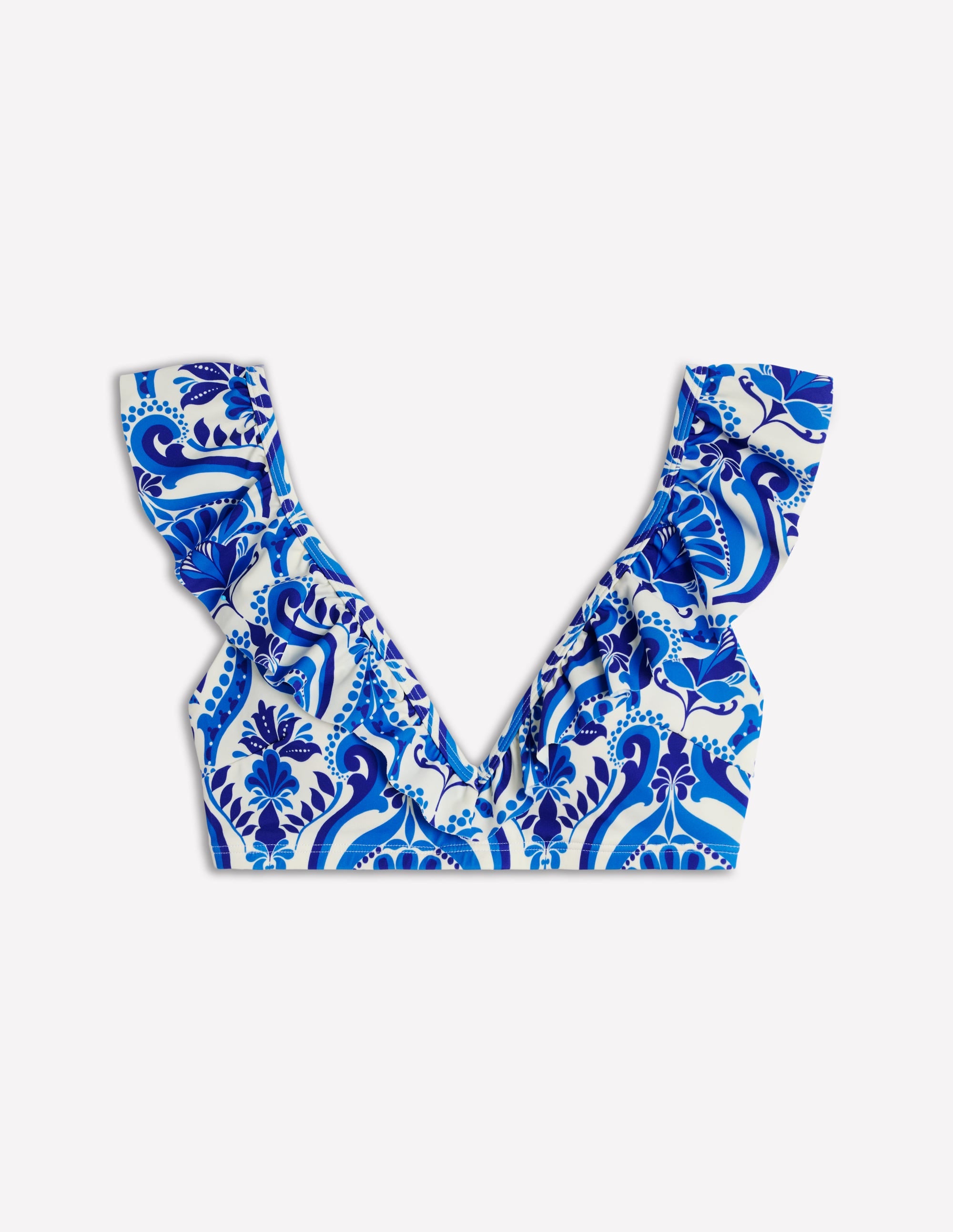 Evia Ruffle Bikini Top-Blue, Ornamental Floral - Image 7