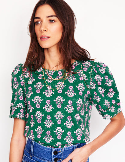 Mila Trim Detail Top-Forest Grass, Pansy Stamp