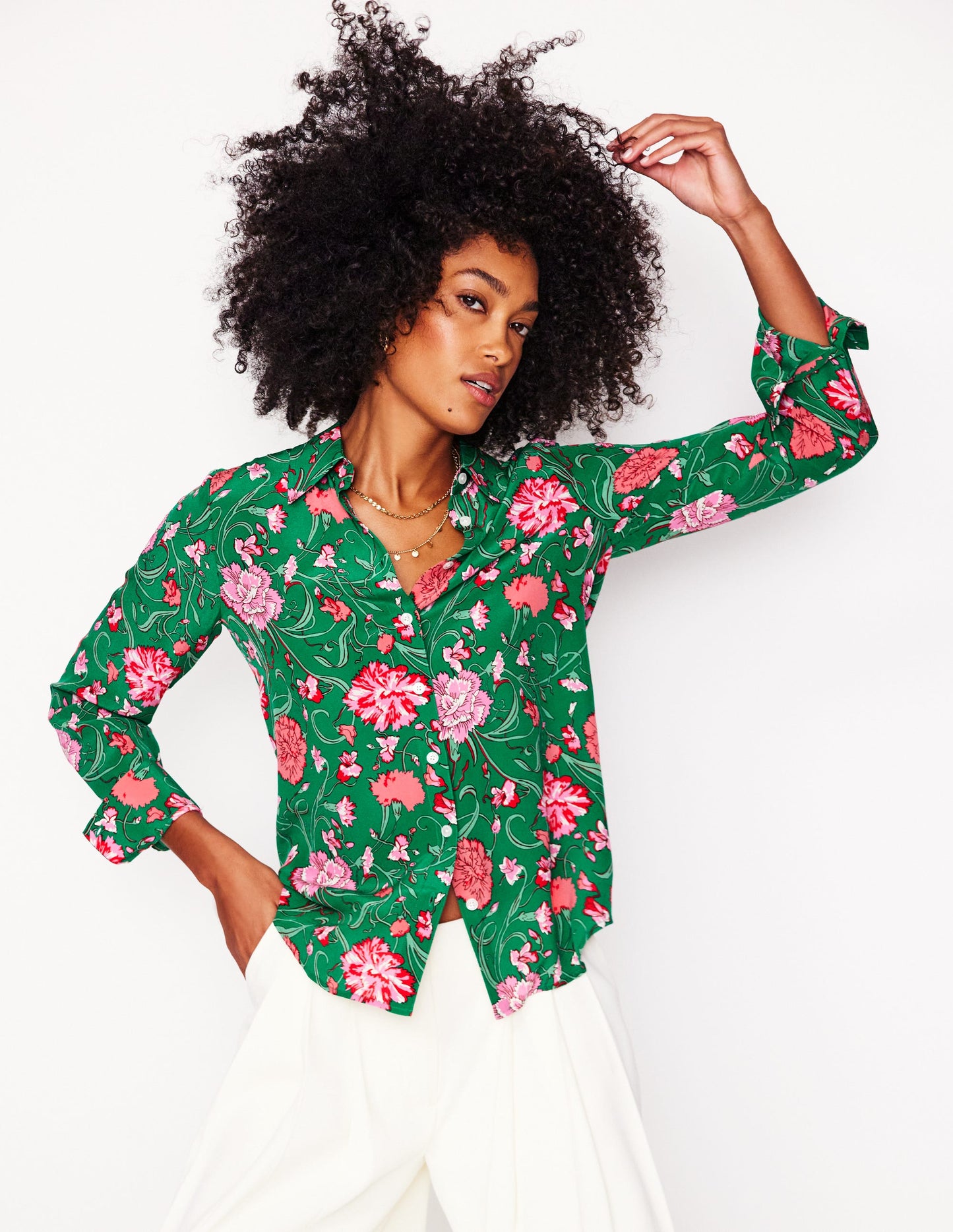 Sienna Silk Shirt-Rich emerald, Carnation Vine