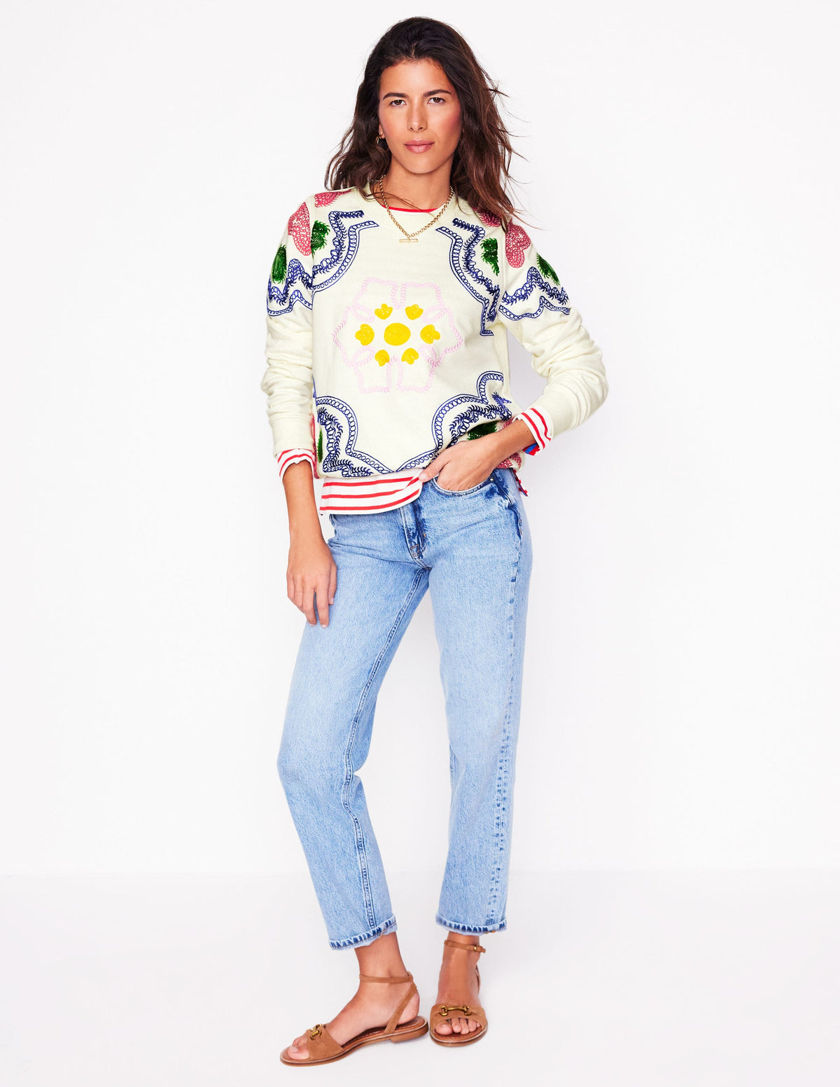 Hannah Embroidered Sweatshirt-Ivory, Geo Stitch - Image 3