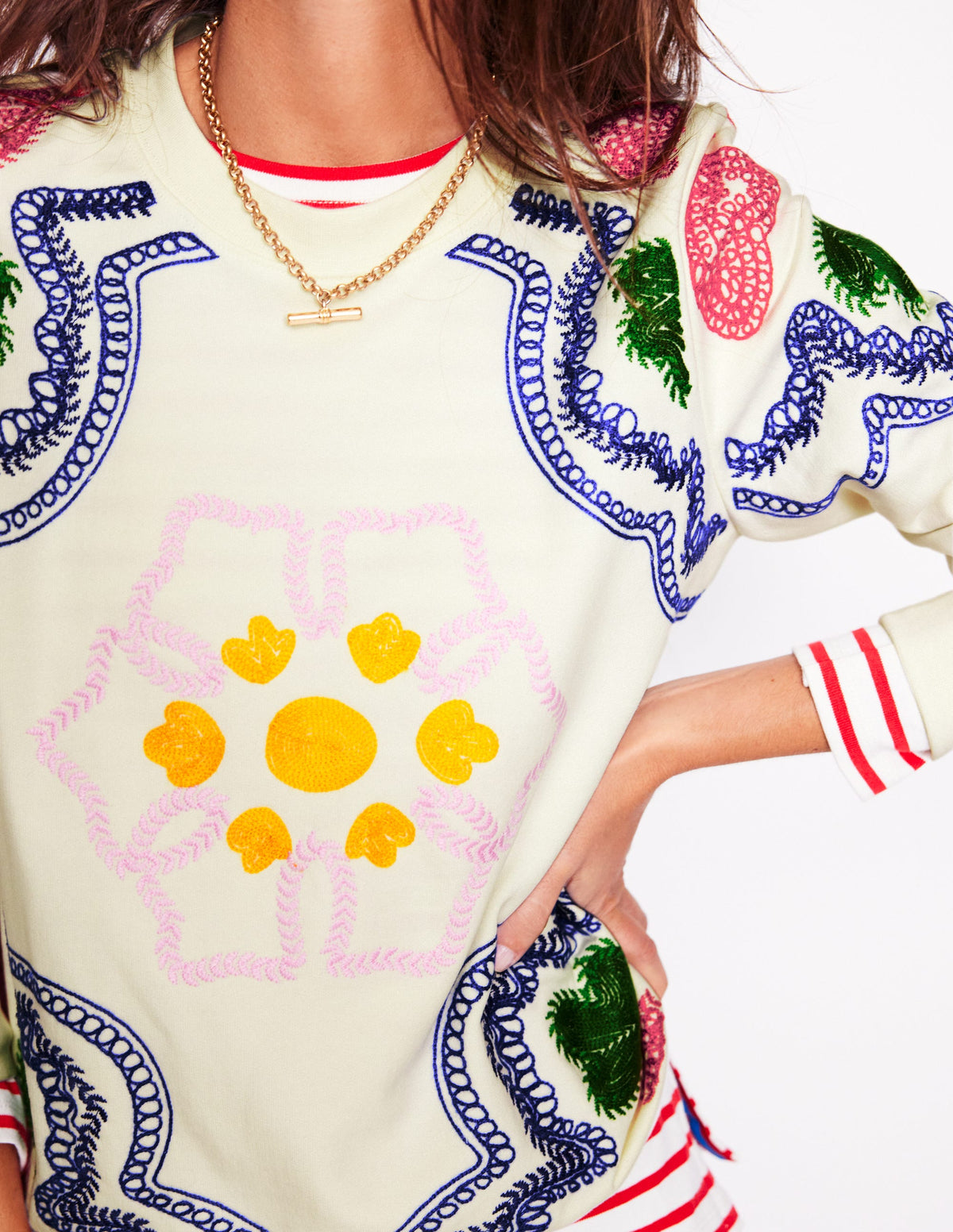 Hannah Embroidered Sweatshirt-Ivory, Geo Stitch - Image 4