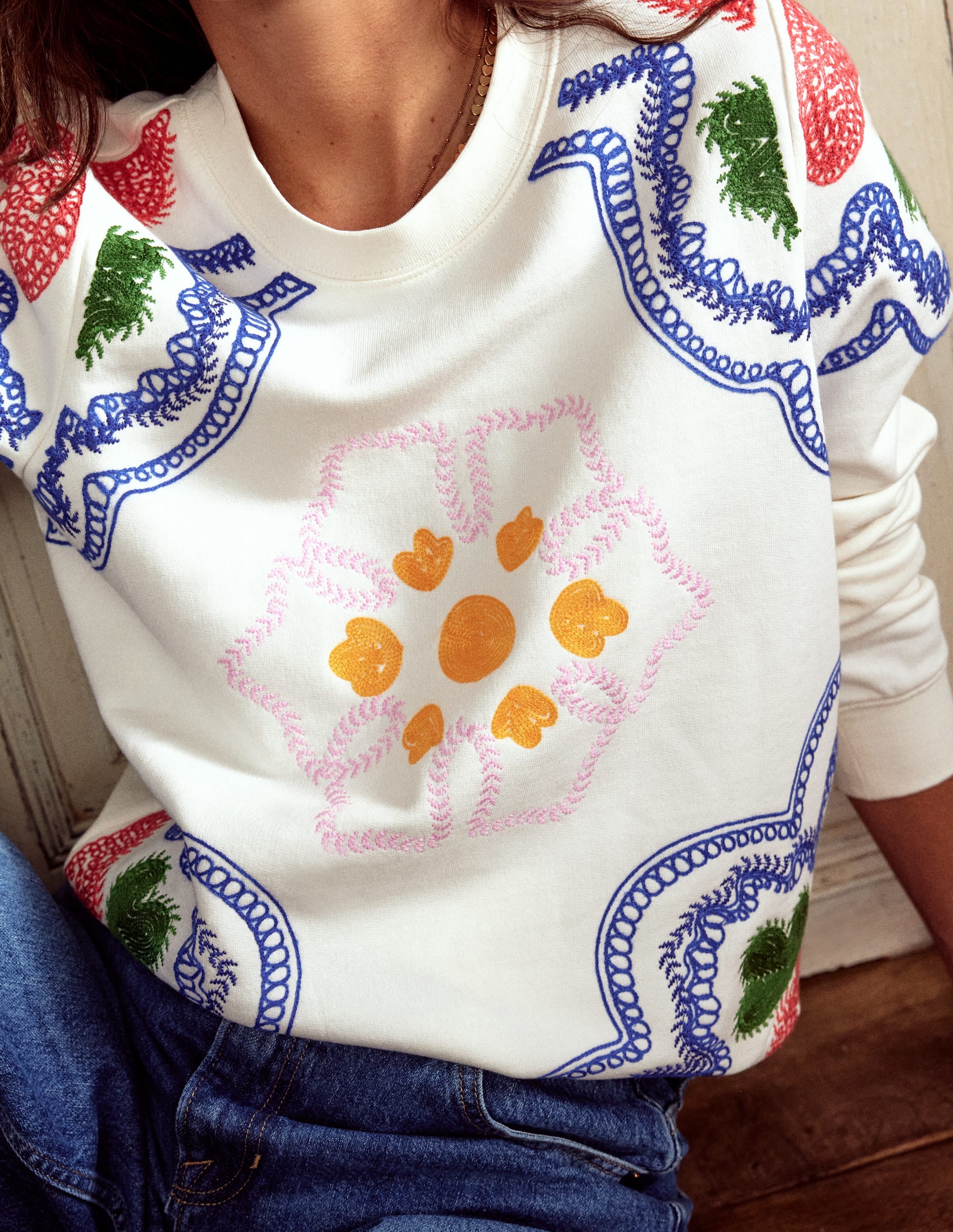 Hannah Embroidered Sweatshirt-Ivory, Geo Stitch - Image 2