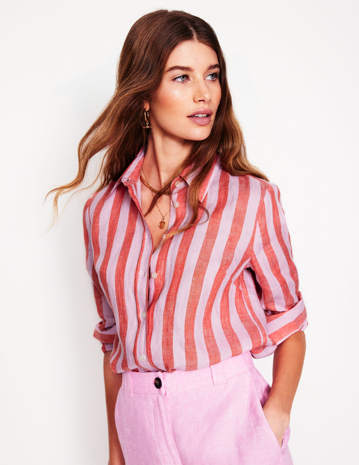 Sienna Linen Shirt-Firecracker and Pink Stripe - Image 1