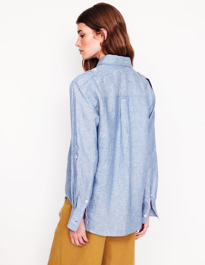 Longline Linen Safari Shirt-Chambray