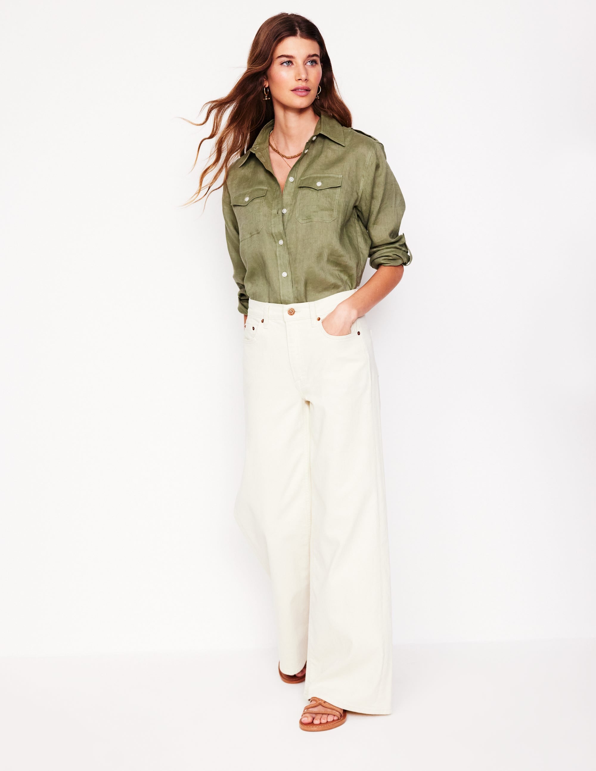 Longline Linen Safari Shirt-Larch Green - Image 1