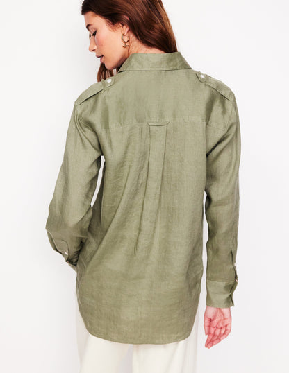 Longline Linen Safari Shirt-Larch Green