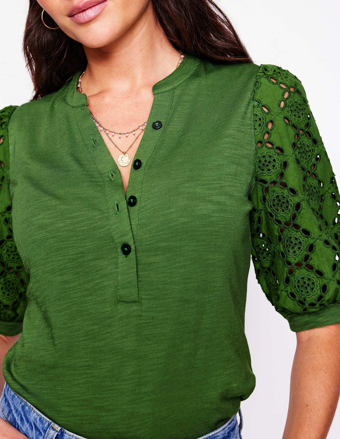 Eden Puff Sleeve Henley Top-Promenade Green - Image 3