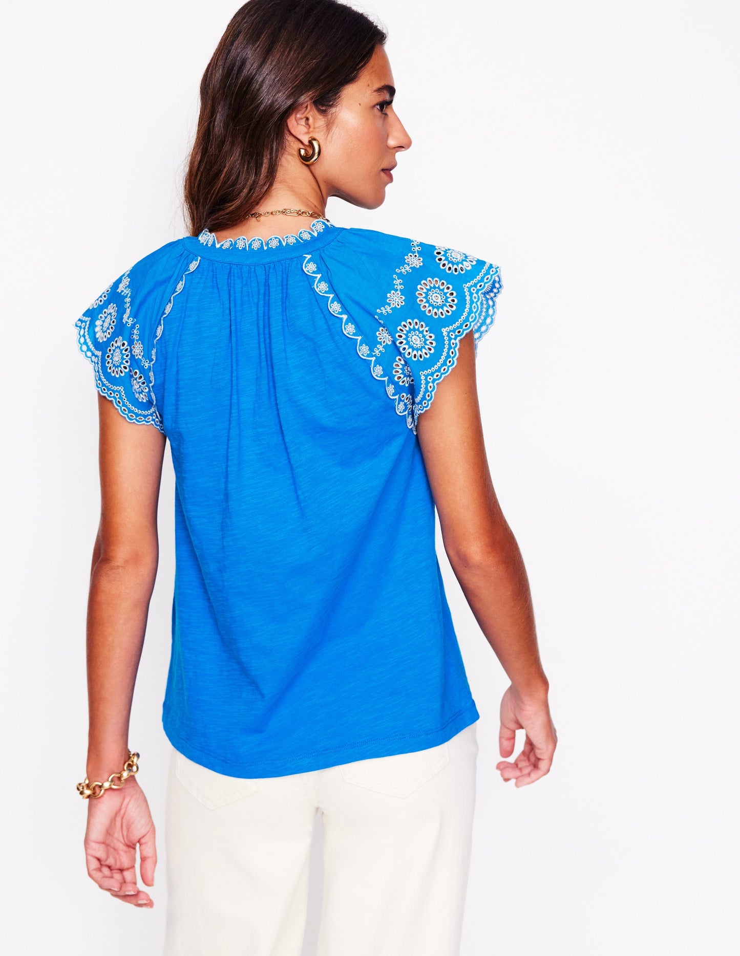 Ila Broderie Sleeve Notch Top-Kingfisher Blue