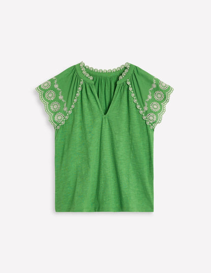 Ila Broderie Sleeve Notch Top-Paradise Green