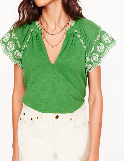 Ila Broderie Sleeve Notch Top-Paradise Green