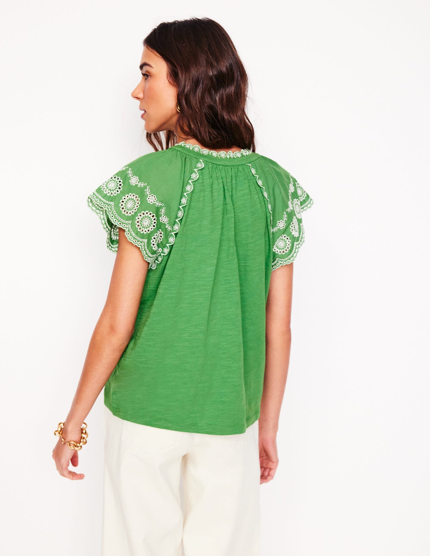 Ila Broderie Sleeve Notch Top-Paradise Green